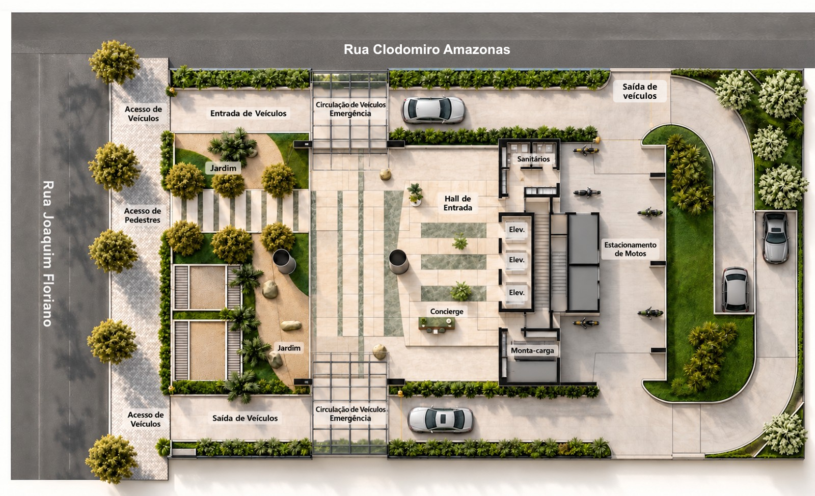 Planta do térreo do Sueste Plaza com ambientes interativos