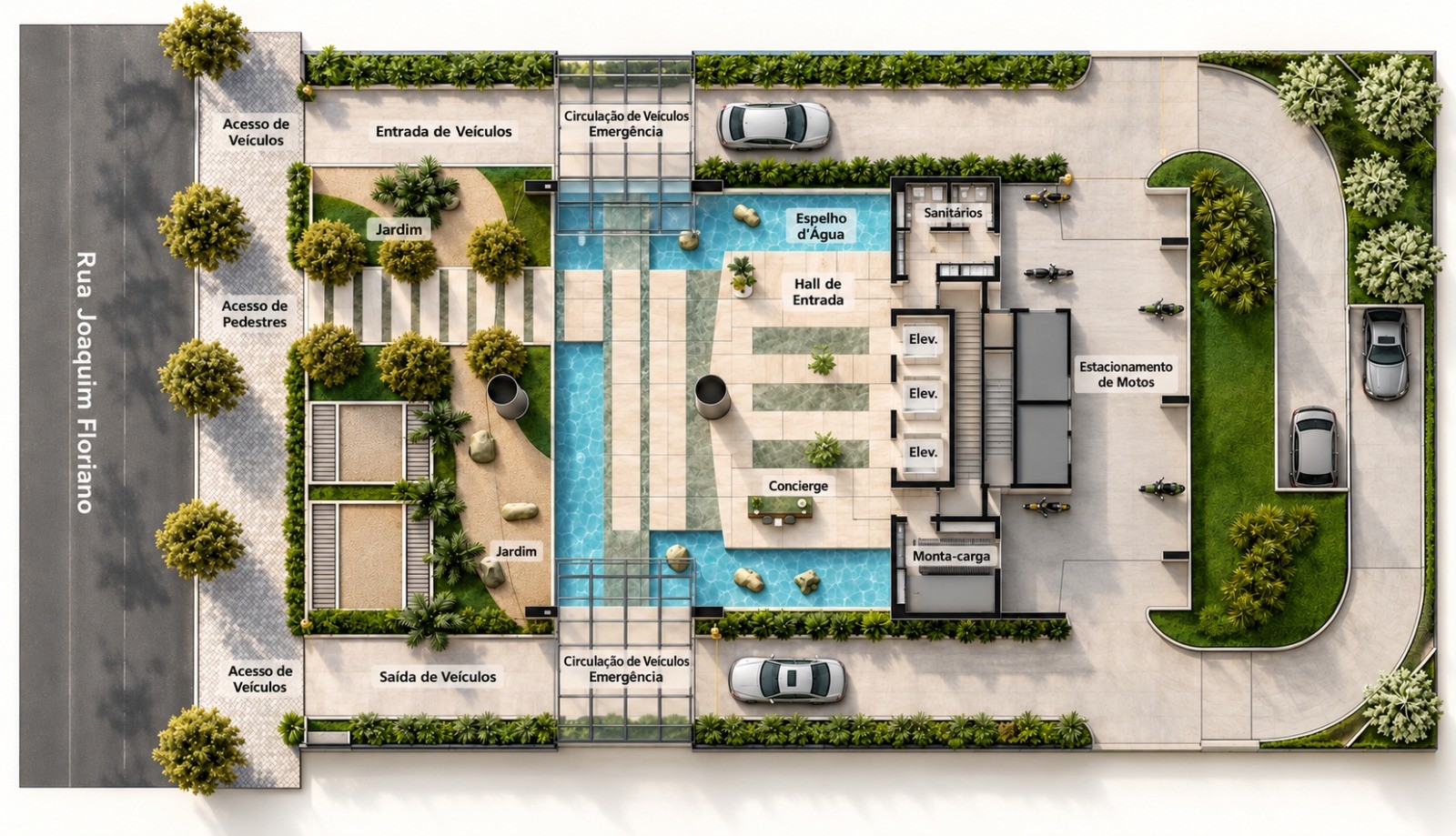 Planta do térreo do Sueste Plaza com ambientes interativos